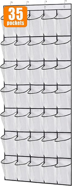 MISSLO 35 Large Pockets Over The Door Shoe Organizer Sturdy Oxford Fabric Hanging Shoe Rack for Door Mesh Closet Shoe Holder Hanger, White