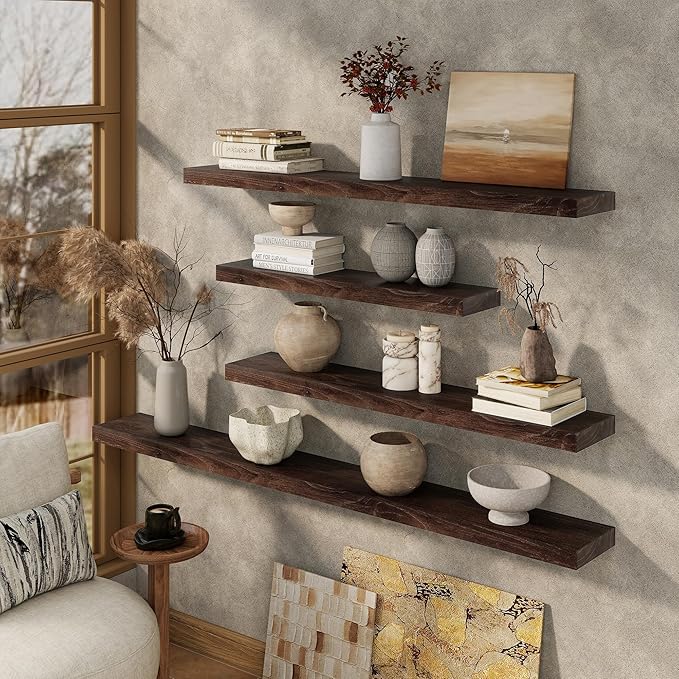 Marsmiles 72 inch Floating Shelves for Wall Solid Elm Wood Wall Mounted Shelves|Rustic Long Floating Shelves with Invisible Bracket for Bathroom Living Room Kitchen|Walnut, 1 Pack