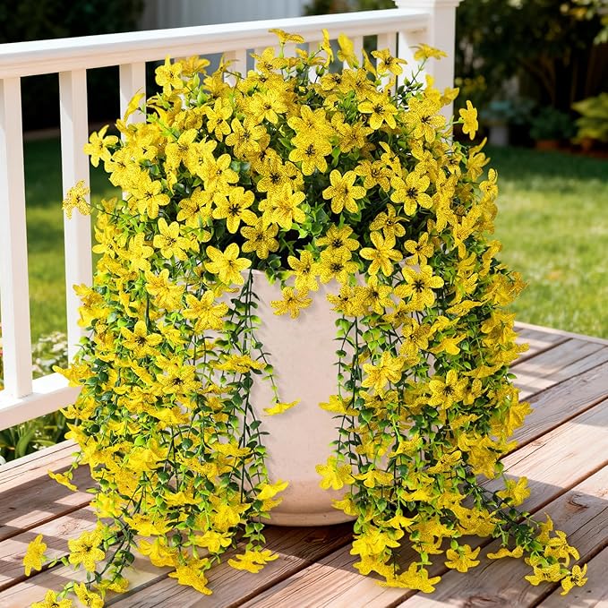 Artificial Fake Hanging Flowers Plants for Outdoor Spring Decoration,2 PCS Faux Silk Daisy with Eucalyptus Leaves,UV Resistant Look Real for Outside Home Indoor Planter Porch Patio Balcony Yard Decor