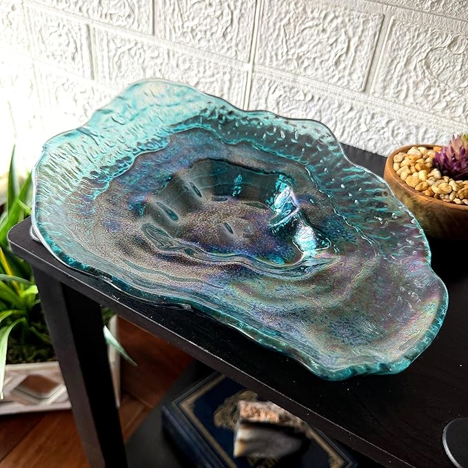 Things2Die4 Decorative Oyster Shaped Plate, 13 X 10 Inch Iridescent Sea Blue Glass Decorative Plate for Coastal Tabletop Display, Nautical Accent Dish for Entryway or Living Room