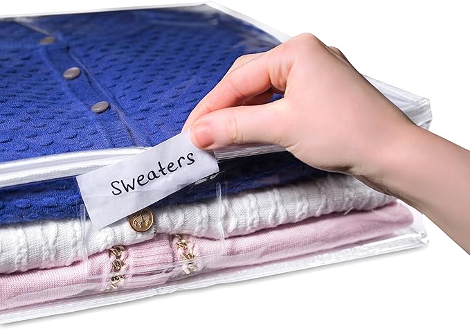 Masirs Clear Sweater Storage Bags 2-Pack – Zippered Vinyl Organizers with Label Pocket, Durable Dustproof Clothing Storage for Sweaters, Blankets, Linens, Underbed & Closet Use