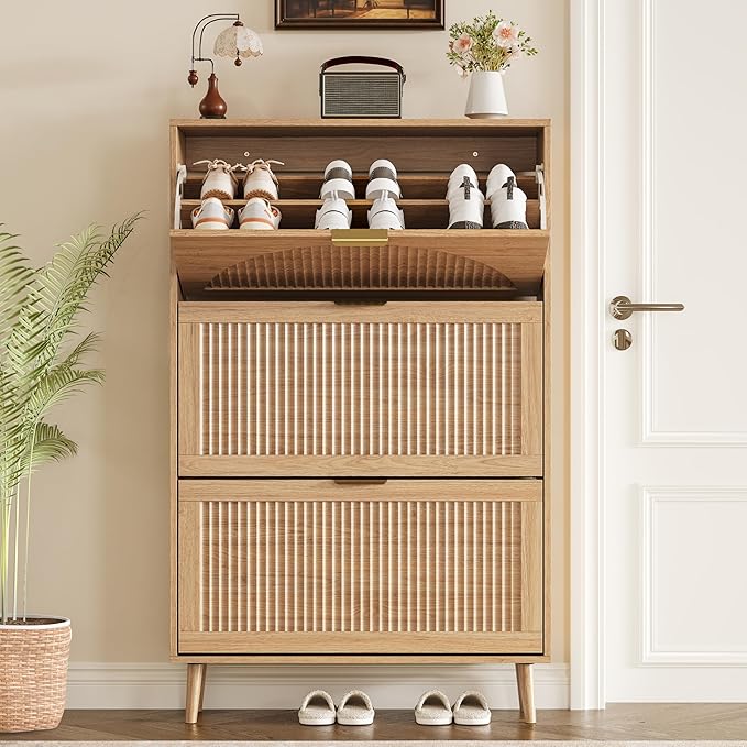 Shoe Cabinet for Entryway with 3 Flip Drawers, Slim Wooden Shoe Storage Organizer with Modern Fluted Pannel，Freestanding Narrow Hidden Shoe Rack for Hallway, Foyer, Living Room