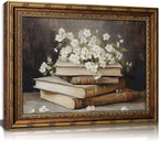 Vintage Gold Framed Wall Art Retro Moody Books and Flowers Oil Painting Canvas Print Dark Academia Decor Rustic Farmhouse Dark Floral Picture Poster Artwork for Study Library Office Bedroom