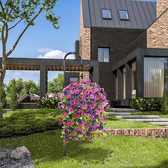 Homsunny Artificial Faux Hanging Flowers Plants Baskets for Outdoor Spring Summer Decorations,Resistant Fake Morning Glory Silk Plants for Outside UV Resistant Patio Yard Home Porch Decor(Mix Purple)