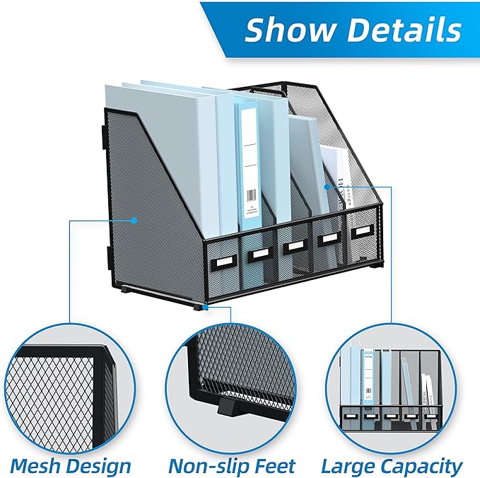 SUPEASY Desk Organizers Metal Desk Magazine File Holder with 5 Vertical Compartments Rack File Organizer for Office Desktop, Classroom, Home Workspace, Black