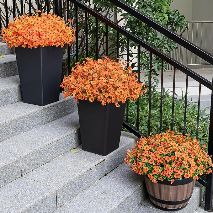 Lnoicy 20 Bundles Artificial Fake Mums for Outdoor Fake Plants for Autumn Decoration,Faux Eucalyptus Flowers for Planter UV Resistant Lifelike for Home Porch Garden (Fall Orange)