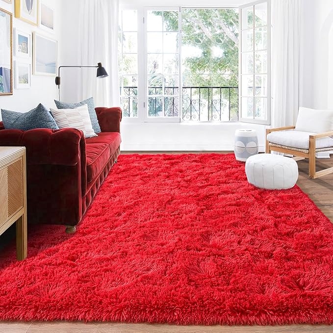 Rugs for Living Room 6x9, Soft Shaggy Modern Shag Area Rug for Bedroom, Upgrade Non-Slip Plush Fluffy Carpet for Kids Boys Girls Room Home Decor Aesthetic, Red