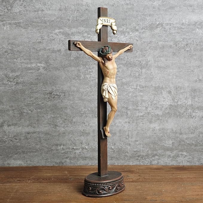 BC Catholic Crucifix Standing Cross, Jesus Christ tabletop Home Decor, Religious Gift, Wood Carve Looking, Realistic Finish, 10.9" H Hand Painted by Buildclassic