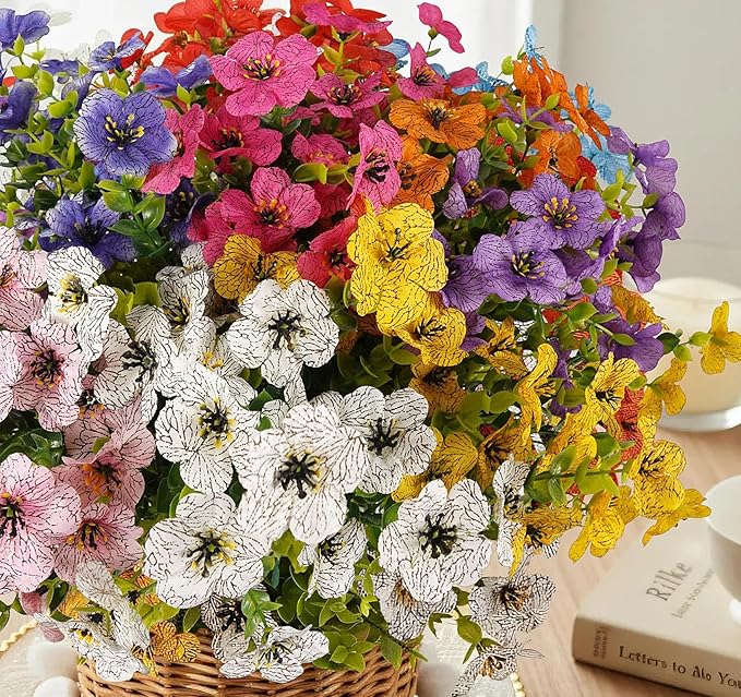 ilauke 9 Bundles Artificial Flowers for Outdoors, Fake Flowers UV Resistant, Faux Flower Plants 9 Colors with Eucalyptus, Plastic Flower Outside Planter Garden Porch Patio Window boxs Yard Decorations