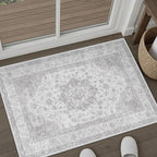 Grey Gray Area Rug 2x3 Washable Vintage Small Carpet for Entryway Kitchen Soft Retro Low Pile Thin Door Mat Non Slip Oriental Medallion Throw Rug for Bathroom Office Bedroom Dining Room