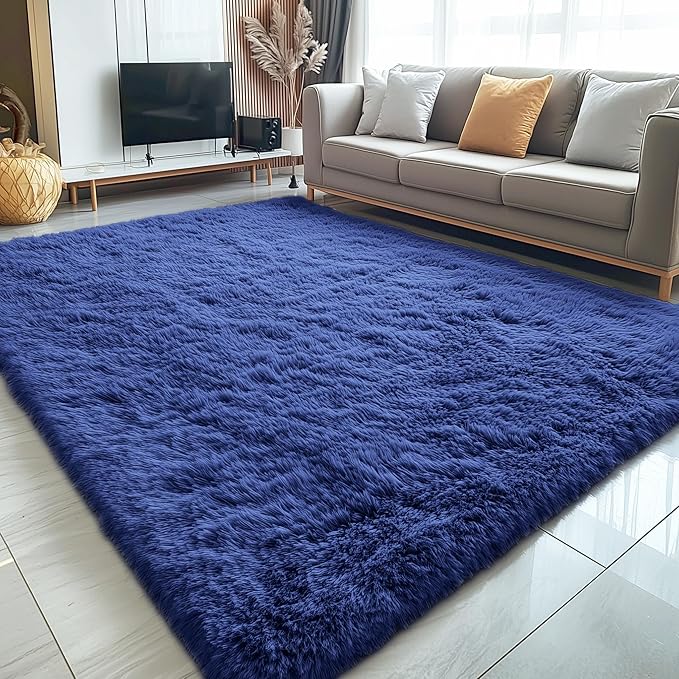 OLANLY 8x8 Machine Washable Large Area Rugs for Living Room, Bedroom, Soft Fluffy Shaggy Bedside Rug, Indoor Floor Carpet for Kids Girls and Boys, Dorms, Nursery, Home Decor Aesthetic, Navy Blue