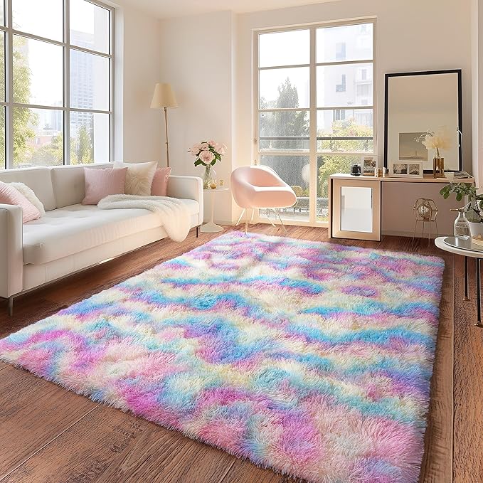 Rainbow Rug for Living Room, 8x10 Area Rug for Cute Girls Room, Bedside Indoor Floor Fluffy Shag Carpet, Plush Soft Rug for Bedroom Nursery Dorm Home Decor