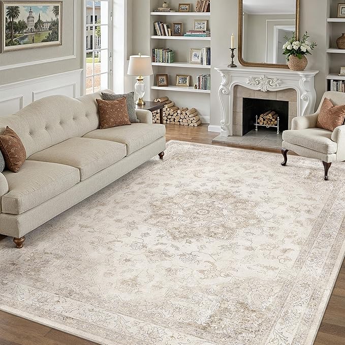 Beige Area Rug 10x12 Washable Living Room Carpet Vintage Non Slip Soft Bedroom Indoor Office Retro Low Pile Thin Oriental Medallion Large Rug for Dining Room Bathroom Playroom