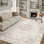Beige Area Rug 10x12 Washable Living Room Carpet Vintage Non Slip Soft Bedroom Indoor Office Retro Low Pile Thin Oriental Medallion Large Rug for Dining Room Bathroom Playroom