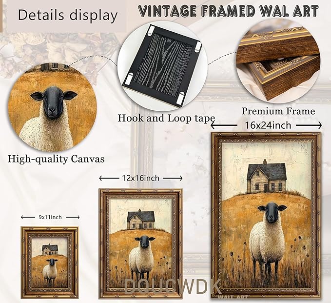 Vintage Gold Framed Wall Art Retro Country Sheep Oil Painting Canvas Prints Farmhouse Landscape Picture Wall Decor Rustic Farmhouse Animal Poster Artwork for Living Room Bedroom Bathroom, 16x24in
