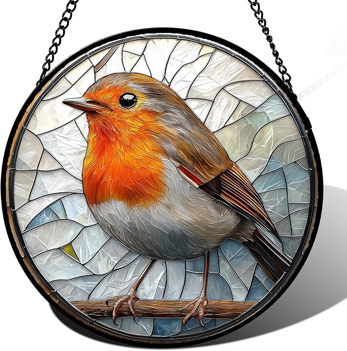Stained Glass Window Hanging - Orange Grey Robin Sun Catcher for Door Garden Home Decor Bird Lovers Suncatcher Christmas Mother's Day Birthday Gifts for Women Men Mom Nana 9.8 in