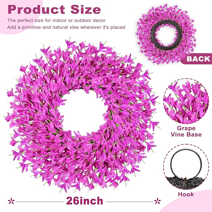 26 Inch Spring Wreaths for Front Door Large Easter Valentines Forsythia Floral Summer Spring Door Wreaths Outdoor All Season Spring Decor for Home Porch Room Window Wall Farmhouse Decor(Rose red)