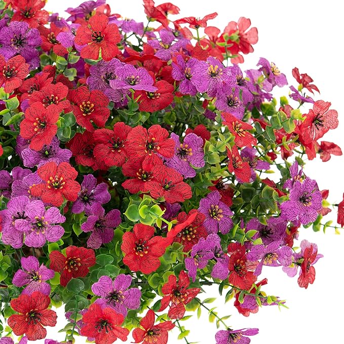 Artificial Fake Flowers Plants for Outdoor Spring Decor, 12 Bundles Faux Silk Flowers for Outdoor Outside Planter Colorful Daisy UV Resistant Look Real for Front Door Porch Patio Yard(Red Purple)