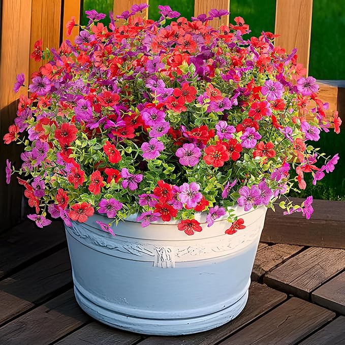 Artificial Fake Flowers Plants for Outdoor Spring Decor, 12 Bundles Faux Silk Flowers for Outdoor Outside Planter Colorful Daisy UV Resistant Look Real for Front Door Porch Patio Yard(Red Purple)