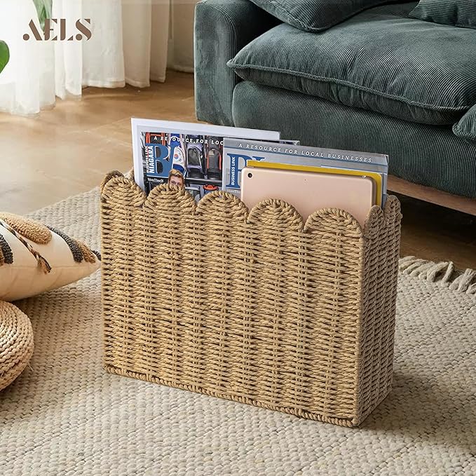 AELS Woven Natural Fibre Magazine Holder, Scalloped Edge Floor Magazine Rack, Hand-woven Organizer, Boho Modern Farmhouse Book Basket, File Newspaper Mail Holder for Office