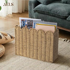 AELS Woven Natural Fibre Magazine Holder, Scalloped Edge Floor Magazine Rack, Hand-woven Organizer, Boho Modern Farmhouse Book Basket, File Newspaper Mail Holder for Office