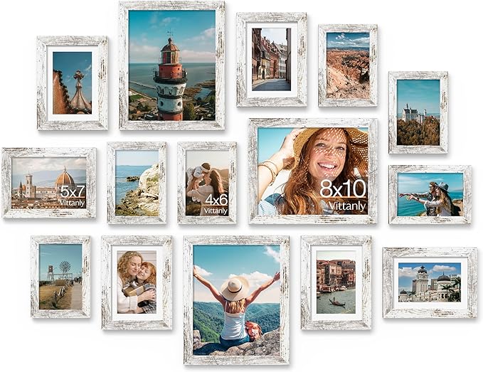 Vittanly 15 Pack Picture Frames Collage Wall Decor for Mounting or Tabletop Display, Gallery Frame Set for Family, Multi Sizes Including 3pcs 8x10, 6pcs 5x7, 6pcs 4x6, Distressed White
