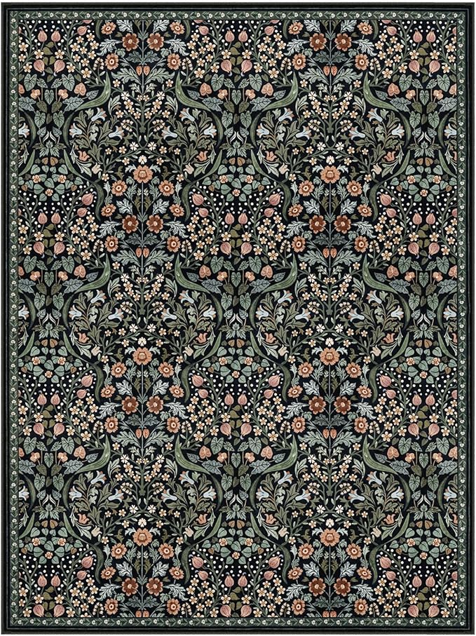 Moynesa Floral Washable Rugs 9x12, Soft Living Room Area Rugs 9x12 Large Boho Bedroom Rug, Non Slip Ultra Thin Soft Botanical Floor Carpet for Dining Room Home Office Farmhouse, Black