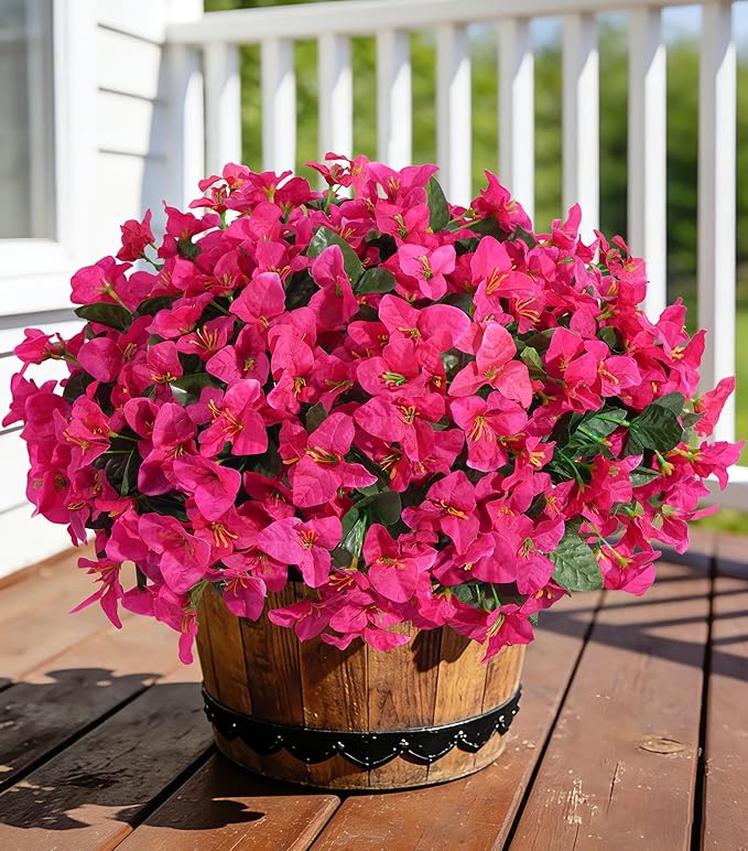 INSPRING Faux Bougainvillea Artificial Flowers for Outdoors Spring Outside Decor, 4 Bundles UV Resistant Realistic Fake Plants Silk Flowers for Porch Patio Window Outdoor Planter Garden Home, Hotpink