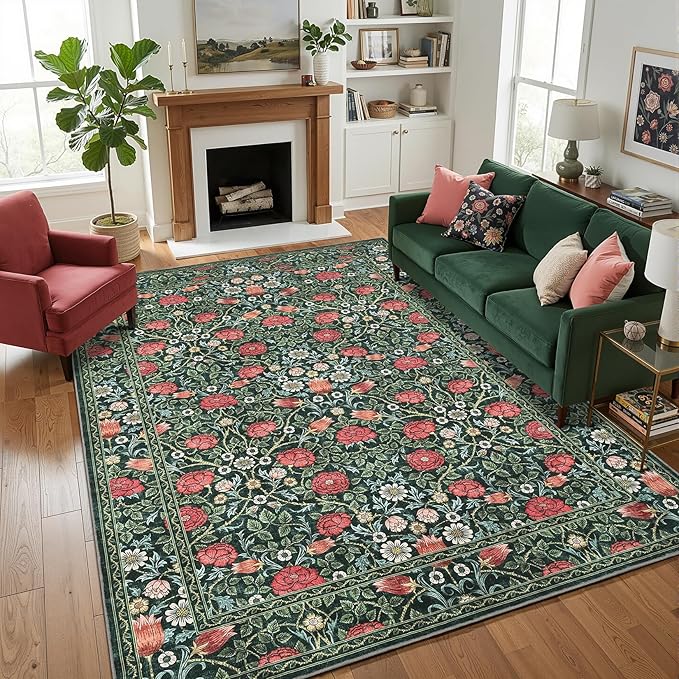 GarveeHome Green Vintage Floral Washable 6x9 Area Rugs for Living Room Boho Botanical Retro Rug Low Pile Stain Resistance Non Slip Carpet for Bedroom Nursery Dining Room
