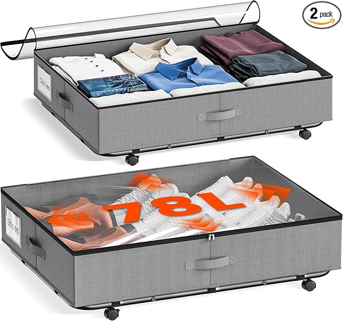 XXXL 78L Under Bed Storage with Wheels, Rolling Storage Containers with Clear Lid & Label, Heavy-Duty Metal Frame, Easy Pull-out, Underbed Storage Bins for Clothes, Shoes, Blankets, and Toys(2PACK)