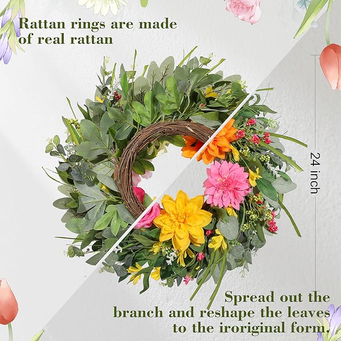 Summer Wreaths for Front Door 24 Inch, Artificial Spring Wreath with Dahlia and Peony for All Season Home Decor Easter Indoor Outdoor Wall Home Festival Celebrations