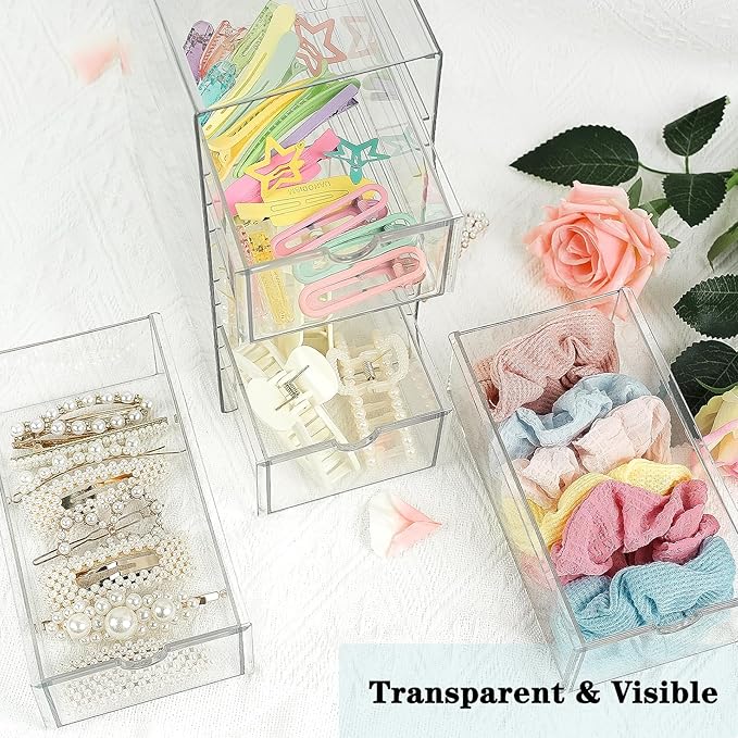 Clear Acrylic 4 Drawers Storage Organizer for Hair Accessories Organizing Stackable Containers Box for Cosmetics Jewelry Stationery Storage Organization Drawers Set (Acrylic 4 drawers)