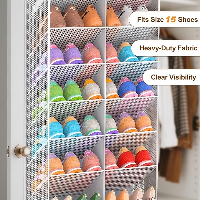 30 Pairs Over the Door Shoe Organizer, Breathable Mesh Pocket Hanging Shoe Storage for Closet, 10-Tier Door Shoes Rack, Handing Shoes Holder Fit All the Family's Sneakers, Boots, Heels, Light Grey