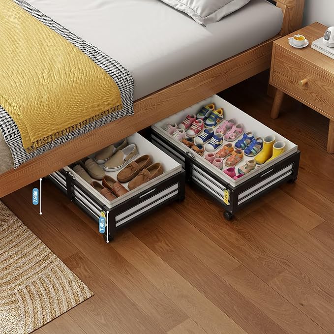 Under Bed Storage Containers with Wheels, Larger Bamboo Wood Under Furniture Storage Containers with Dust Bags，Rolling for Shoes Clothes