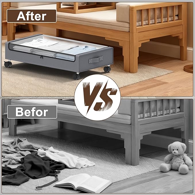 Under Bed Storage with Wheels - 2Pack 60L Underbed Storage Containers with Clear Lid & Label, Rolling Under Bed Storage Bins for Clothes, Shoes, Blankets (XL,Grey)