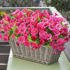 Artificial Flowers Fake Plants for Outdoors Decoration, 12 Bundles Silk Morning Glory with Eucalyptus Realistic UV Resistant Fuchsia Faux Flowers for Outside Planter Yard Patio Garden Home Indoor Urn