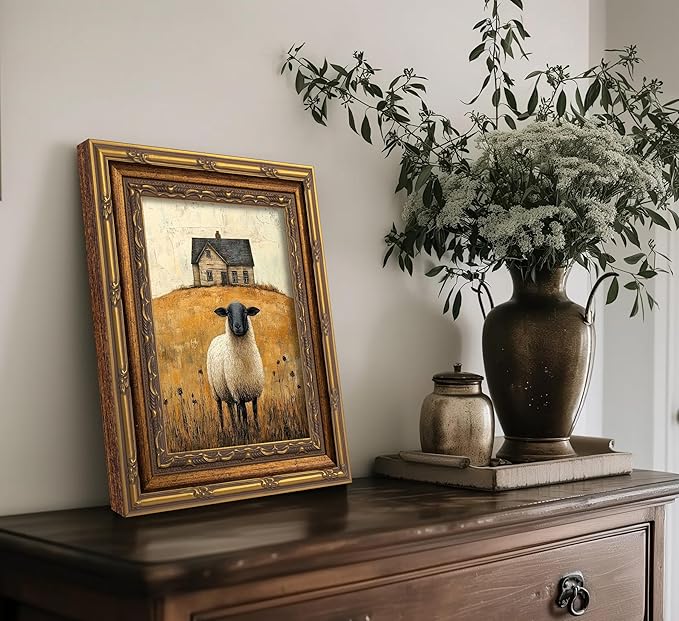 Vintage Gold Framed Wall Art Retro Country Sheep Oil Painting Canvas Prints Farmhouse Landscape Picture Wall Decor Rustic Farmhouse Animal Poster Artwork for Living Room Bedroom Bathroom, 9x11in