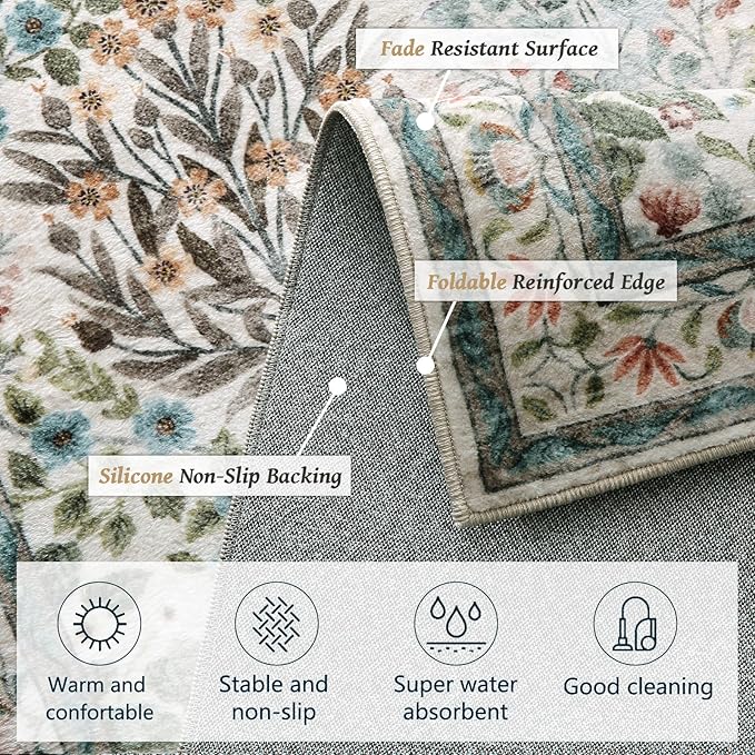 Vintage Washable Area Rug 4x6, Beige & Blue Low Pile Non-Slip Stain Resistant, Distressed Retro for Bedroom Under Bed, Living Room, Nursery, Kitchen & Entryway