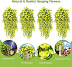 Artificial Hanging Flowers for Outdoors, 4 PCS UV Resistant Faux Plants Silk Realistic 150 Morning Glory Each Vines, Fake Plastic Floral for Garden Patio Spring Summer Decor, Yellow