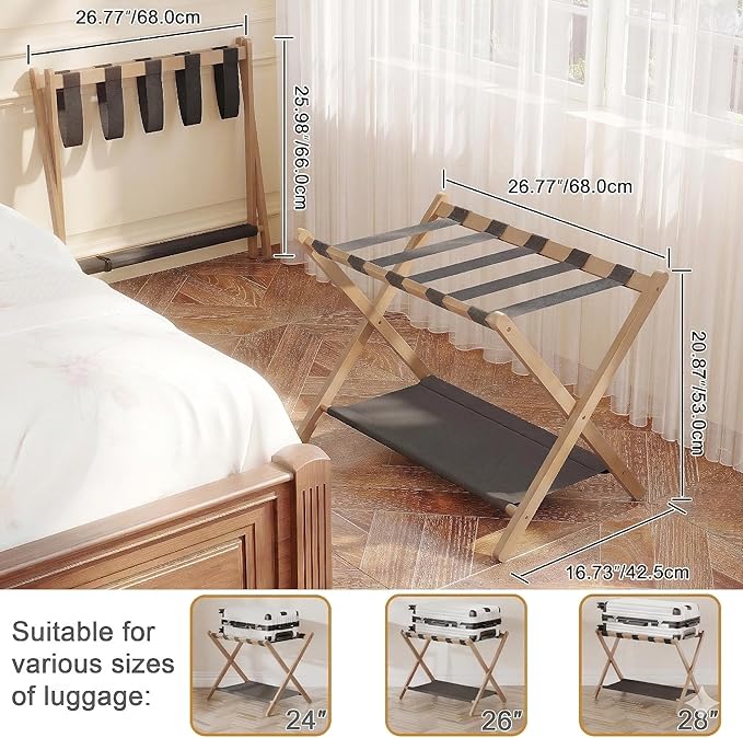 Bamboo Luggage Rack for Guest Room, 26.77" Folding Wide Suitcase Stand with Fabric Storage Shelf, Thickened Luggage Stand Holder for Bedroom Hotel, Luggage Rack for Suitcases (1 Pack - Tea brown)