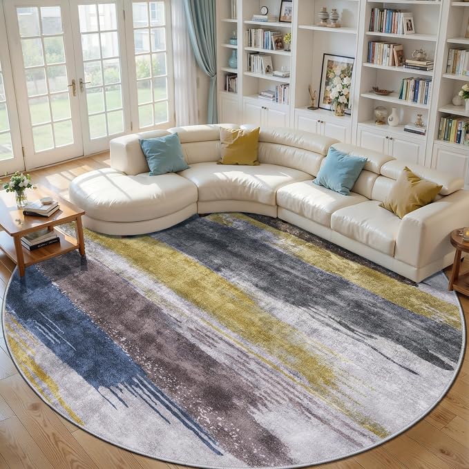 Ciicool 8ft Round Washable Rug, Modern Abstract Circle Rugs, Non-Slip Thin Lightweight Rug Yellow Grey Circular Print Distressed Carpet for Bedroom Living Room Under Dining Table Home Office Decor