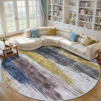 Ciicool 8ft Round Washable Rug, Modern Abstract Circle Rugs, Non-Slip Thin Lightweight Rug Yellow Grey Circular Print Distressed Carpet for Bedroom Living Room Under Dining Table Home Office Decor