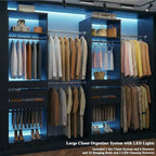 Closet System Set of 2, 5.7-10.4FT Closet Organizer System with 6 Wood Drawers & 2 LED Glasstop, Wood Walk-in Closet with 10 Hanging Rods & 2 Trouser Rack, Built-in Garment Rack with Shelves, Black