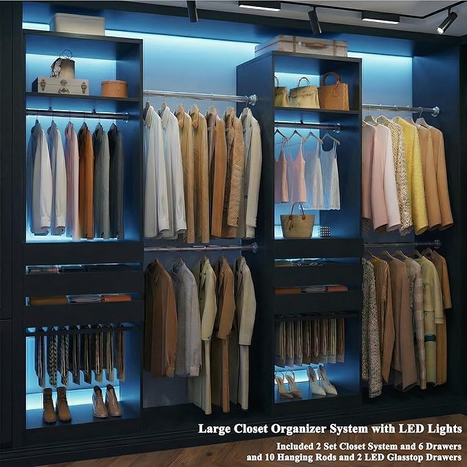 Closet System Set of 2, 5.7-10.4FT Closet Organizer System with 6 Wood Drawers & 2 LED Glasstop, Wood Walk-in Closet with 10 Hanging Rods & 2 Trouser Rack, Built-in Garment Rack with Shelves, Black
