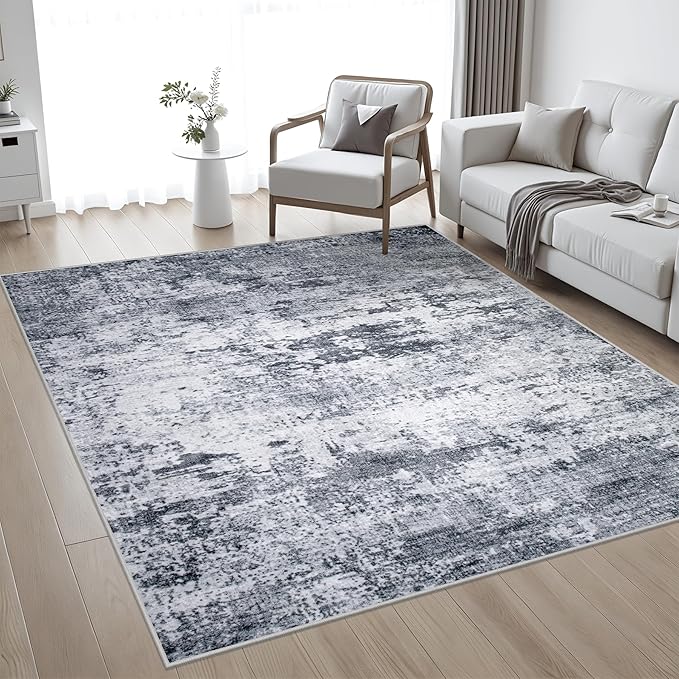 5x5 Area Rug Living Room Rug: Washable Modern Abstract Soft Thin Rug Indoor Floor No Slip Stain Resistant Carpet for Bedroom Dining Room Farmhouse Nursery Home Office - Grey