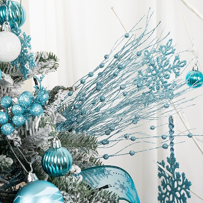 SLK 16-Pack Artificial Glitter Berry Stem Ornaments, Christmas Decorative Glittery Twigs, Picks, Branches for Tree, Wreath, Small Vase, Halloween Party (LightBlue)