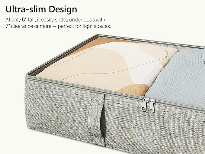 2-Pack Under Bed Storage Containers, 8 Inches Tall Underbed Clothes Storage Organizer Bin with Sturdy Sidewalls/Bottom, Under the Bed Storage Bags 2 Storage Bins, Light Grey