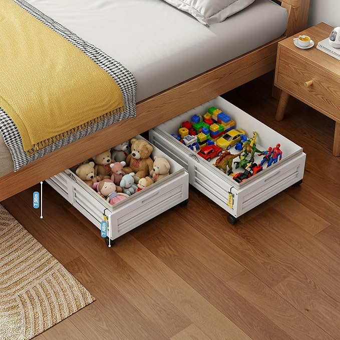 Under Bed Storage Containers with Wheels, Larger Bamboo Wood Under Furniture Storage Containers with Dust Bags，Rolling for Shoes Clothes