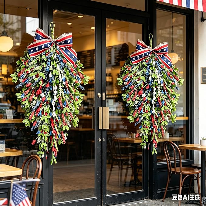 2 Pack 21'' Patriotic Teardrop Swag Wreaths for Cabinets Artificial 4th of July Swag Wreath with Red White Blue Floral and Berries for Independence Day Memorial Day Front Door Porch Window Wall Decor