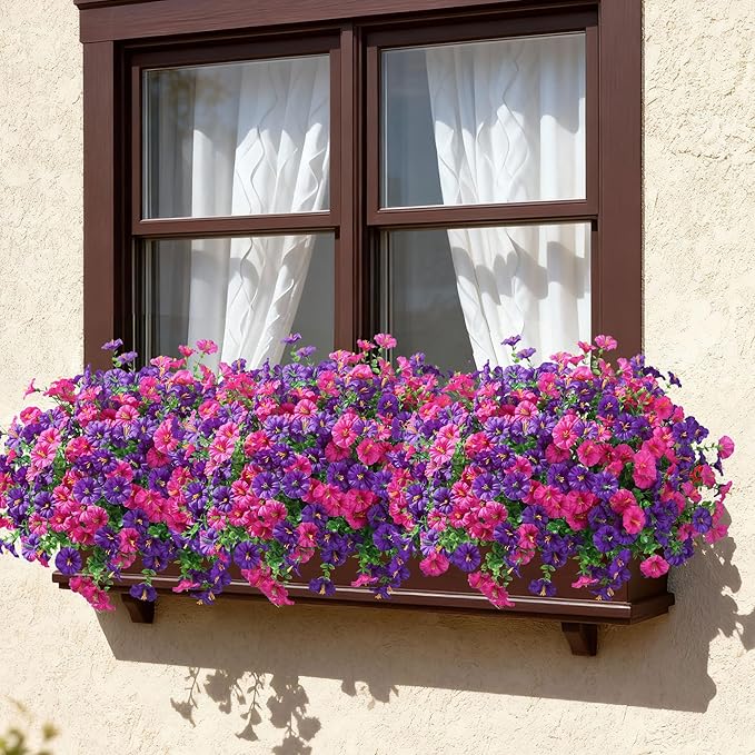 Ivydale 24 Bundles Artificial Flowers for Outdoors Spring Summer Porch Decor, Faux Petunias Plants Outdoor Realistic UV Resistant Silk Flowers for Outside Planters Patio Window Garden Yard Home
